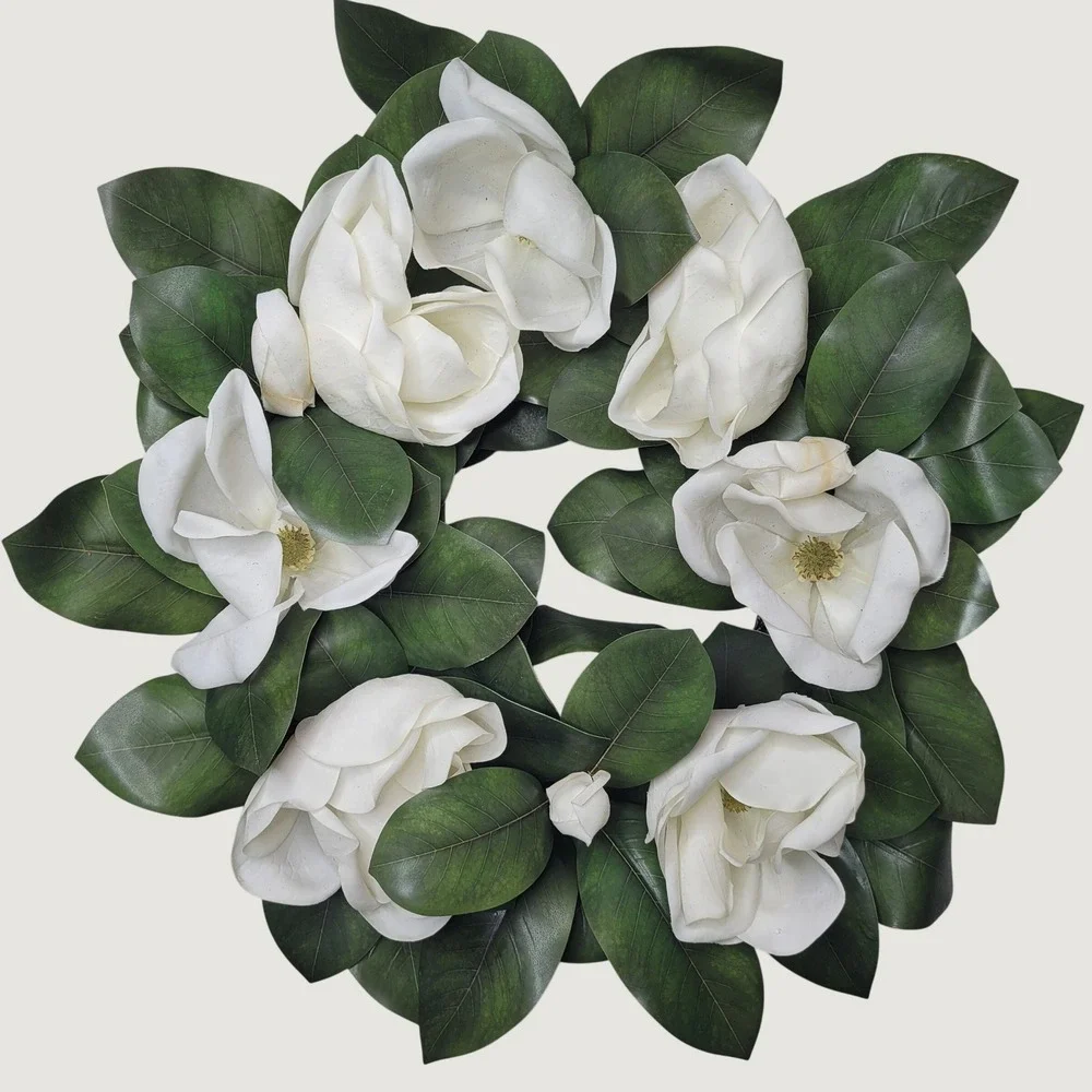 Grandin Road Magnolia Wreath 24 Inch White Floral Faux Greenery 162548